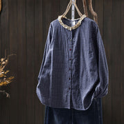 Buddha Stones Fall Plaid Print Stand Collar Buttons Down Design Women's Cotton Long Sleeve Shirt - SteelBlue - US6，UK/AU10，EU38 (L) - image 15