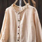 Buddha Stones Fall Plaid Print Stand Collar Buttons Down Design Women's Cotton Long Sleeve Shirt - image 5