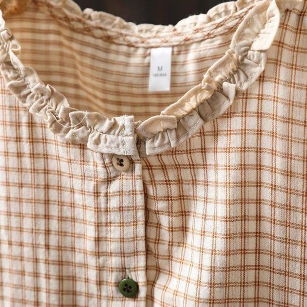 Buddha Stones Fall Plaid Print Stand Collar Buttons Down Design Women's Cotton Long Sleeve Shirt - image 7