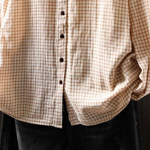 Buddha Stones Fall Plaid Print Stand Collar Buttons Down Design Women's Cotton Long Sleeve Shirt - image 9