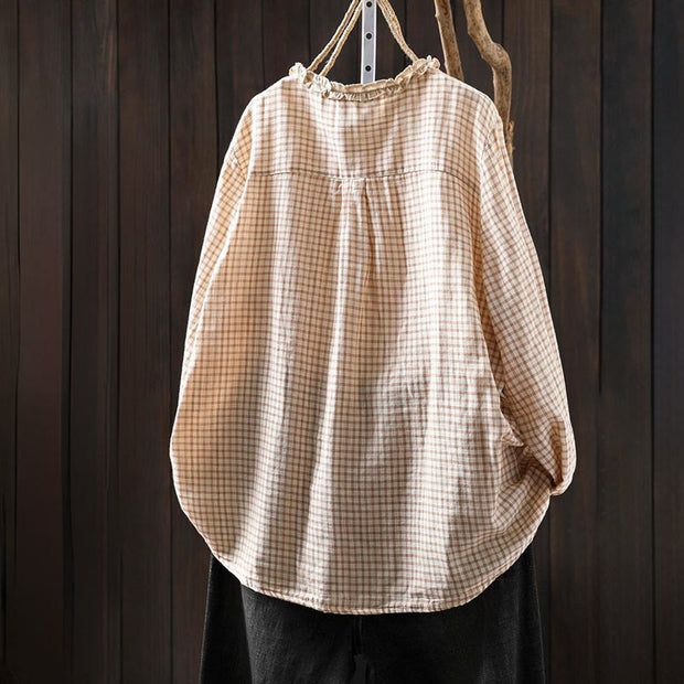 Buddha Stones Fall Plaid Print Stand Collar Buttons Down Design Women's Cotton Long Sleeve Shirt - image 4