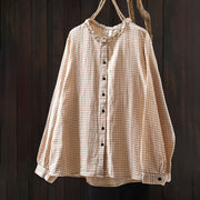 Buddha Stones Fall Plaid Print Stand Collar Buttons Down Design Women's Cotton Long Sleeve Shirt - image 3