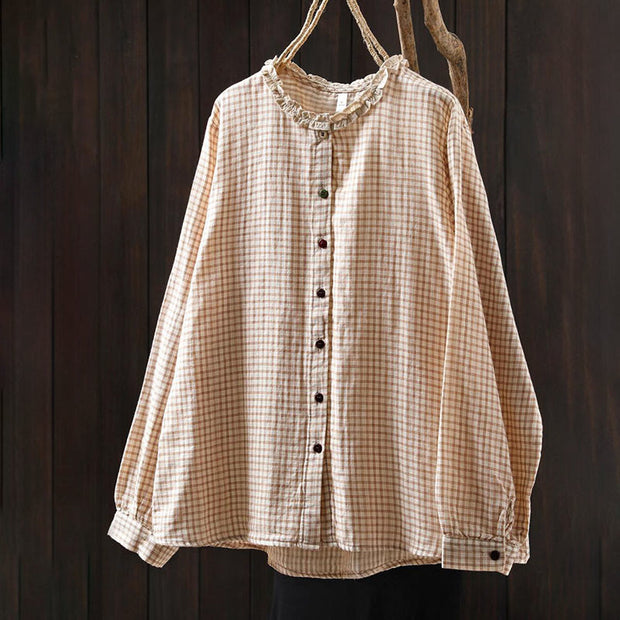 Buddha Stones Fall Plaid Print Stand Collar Buttons Down Design Women's Cotton Long Sleeve Shirt - image 3