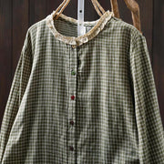 Buddha Stones Fall Plaid Print Stand Collar Buttons Down Design Women's Cotton Long Sleeve Shirt - image 1