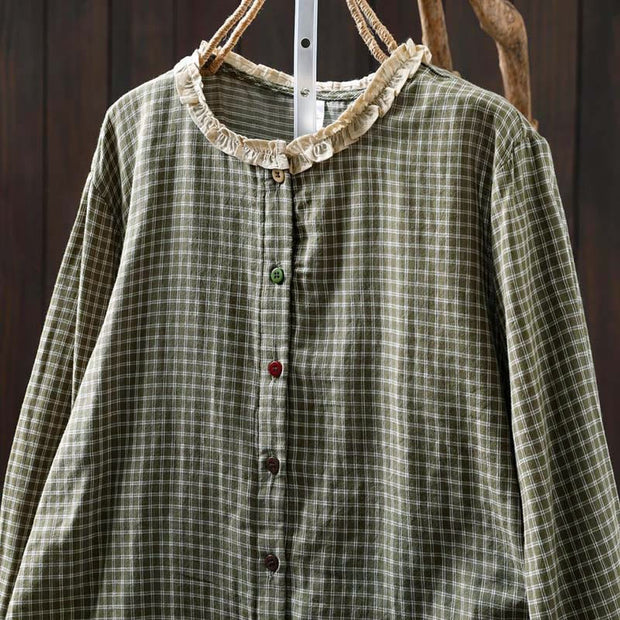 Buddha Stones Fall Plaid Print Stand Collar Buttons Down Design Women's Cotton Long Sleeve Shirt - image 1