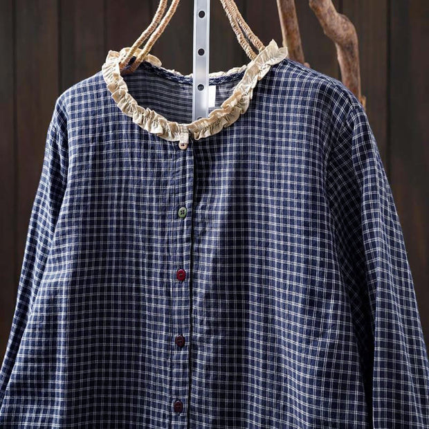 Buddha Stones Fall Plaid Print Stand Collar Buttons Down Design Women's Cotton Long Sleeve Shirt - image 16