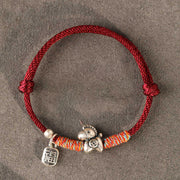 Buddha Stones 999 Sterling Silver Year Of The Horse Fu Character Charm String Braided Luck Bracelet - DarkRed String(Wrist Circumference: 14-18cm) - image 1