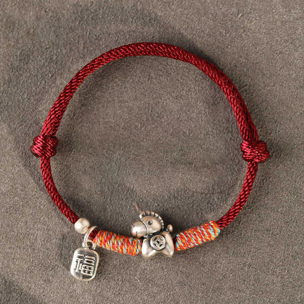 Buddha Stones 999 Sterling Silver Year Of The Horse Fu Character Charm String Braided Luck Bracelet - DarkRed String(Wrist Circumference: 14-18cm) - image 1