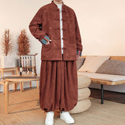 Buddha Stones 2Pcs Fall Winter Men's Tang Suit Dragon Frog-Button Cotton Long Sleeve Jacket Pants Set - image 15