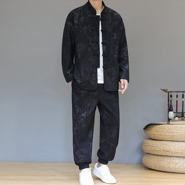 Buddha Stones 2Pcs Fall Winter Men's Tang Suit Dragon Frog-Button Cotton Corduroy Long Sleeve Jacket Pants Set With Pockets - image 13