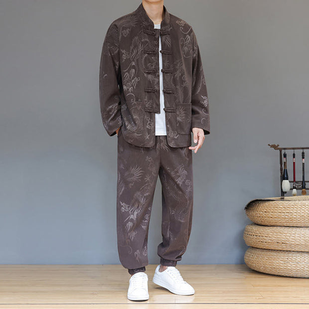 Buddha Stones 2Pcs Fall Winter Men's Tang Suit Dragon Frog-Button Cotton Corduroy Long Sleeve Jacket Pants Set With Pockets - image 5