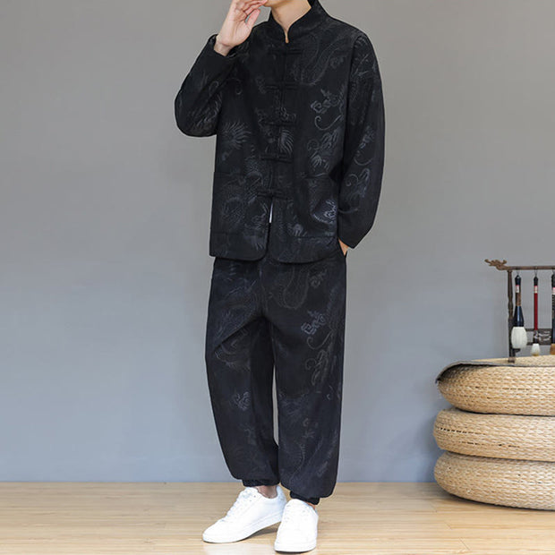 Buddha Stones 2Pcs Fall Winter Men's Tang Suit Dragon Frog-Button Cotton Corduroy Long Sleeve Jacket Pants Set With Pockets - image 16