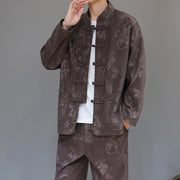 Buddha Stones 2Pcs Fall Winter Men's Tang Suit Dragon Frog-Button Cotton Corduroy Long Sleeve Jacket Pants Set With Pockets - image 8