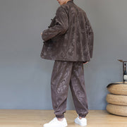 Buddha Stones 2Pcs Fall Winter Men's Tang Suit Dragon Frog-Button Cotton Corduroy Long Sleeve Jacket Pants Set With Pockets - image 3