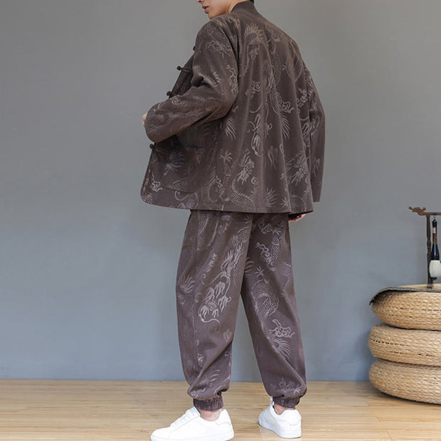 Buddha Stones 2Pcs Fall Winter Men's Tang Suit Dragon Frog-Button Cotton Corduroy Long Sleeve Jacket Pants Set With Pockets - image 3