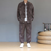 Buddha Stones 2Pcs Fall Winter Men's Tang Suit Dragon Frog-Button Cotton Corduroy Long Sleeve Jacket Pants Set With Pockets - image 2