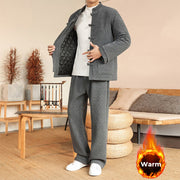 Buddha Stones 2Pcs Winter Solid Men's Tang Suit Frog-Button Cotton Long Sleeve Jacket Pants Set With Pockets - image 1