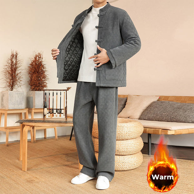 Buddha Stones 2Pcs Winter Solid Men's Tang Suit Frog-Button Cotton Long Sleeve Jacket Pants Set With Pockets - image 1