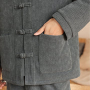 Buddha Stones 2Pcs Winter Solid Men's Tang Suit Frog-Button Cotton Long Sleeve Jacket Pants Set With Pockets - image 11