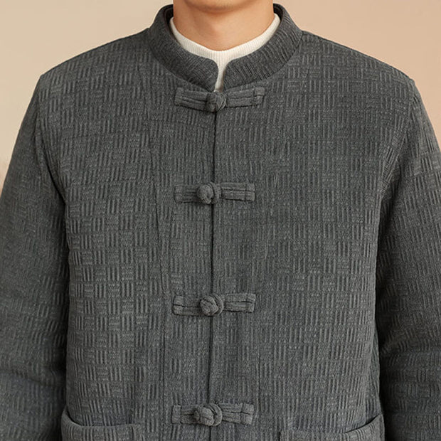 Buddha Stones 2Pcs Winter Solid Men's Tang Suit Frog-Button Cotton Long Sleeve Jacket Pants Set With Pockets - image 9