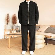 Buddha Stones 2Pcs Winter Solid Men's Tang Suit Frog-Button Cotton Long Sleeve Jacket Pants Set With Pockets - Black - US/UK/AU46，EU56 (5XL) - image 17