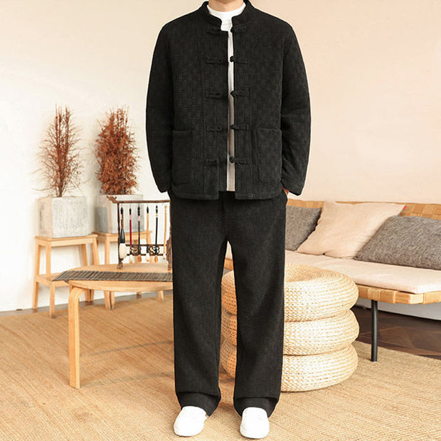 Buddha Stones 2Pcs Winter Solid Men's Tang Suit Frog-Button Cotton Long Sleeve Jacket Pants Set With Pockets - Black - US/UK/AU46，EU56 (5XL) - image 17