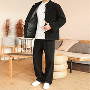 Buddha Stones 2Pcs Winter Solid Men's Tang Suit Frog-Button Cotton Long Sleeve Jacket Pants Set With Pockets - image 21