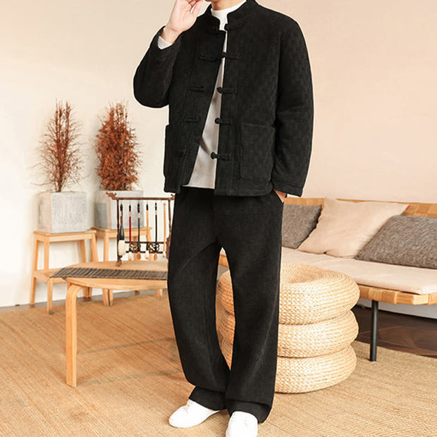 Buddha Stones 2Pcs Winter Solid Men's Tang Suit Frog-Button Cotton Long Sleeve Jacket Pants Set With Pockets - image 23