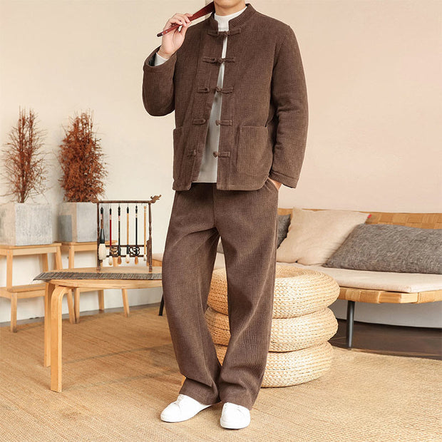 Buddha Stones 2Pcs Winter Solid Men's Tang Suit Frog-Button Cotton Long Sleeve Jacket Pants Set With Pockets - image 27