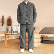 Buddha Stones 2Pcs Winter Solid Men's Tang Suit Frog-Button Cotton Long Sleeve Jacket Pants Set With Pockets - Gray - US/UK/AU46，EU56 (5XL) - image 0