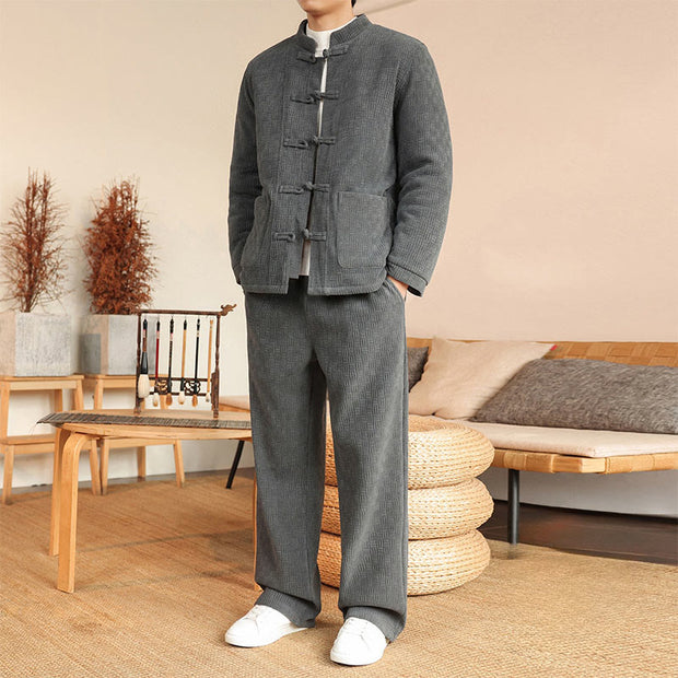 Buddha Stones 2Pcs Winter Solid Men's Tang Suit Frog-Button Cotton Long Sleeve Jacket Pants Set With Pockets - image 7