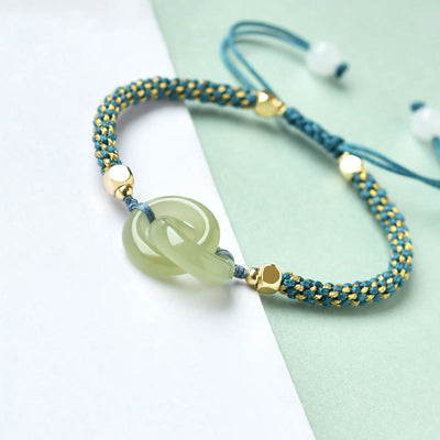 Buddha Stones Cyan Jade Double Peace Buckle Green Rope Luck Auspicious Bracelet - Cyan Jade(Wrist Circumference: 14-16cm) - image 0