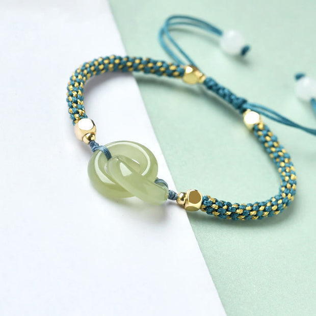 Buddha Stones Cyan Jade Double Peace Buckle Green Rope Luck Auspicious Bracelet - Cyan Jade(Wrist Circumference: 14-16cm) - image 0