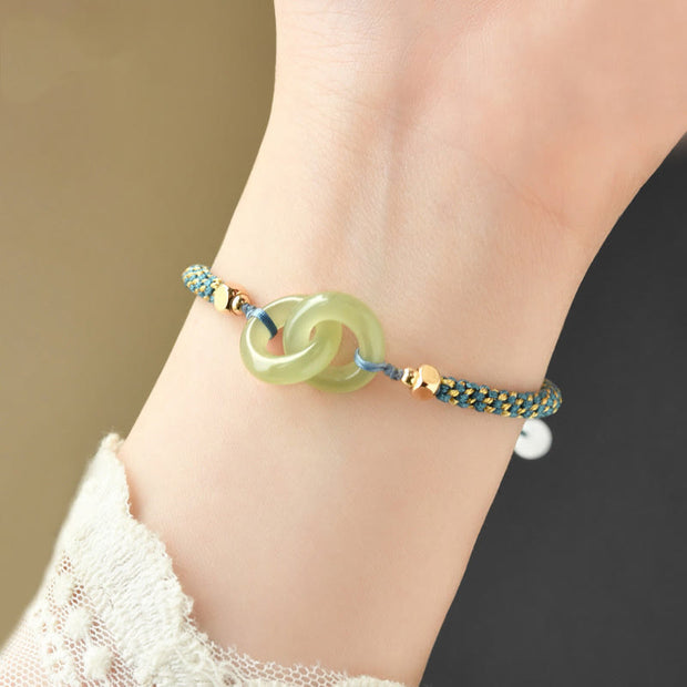 Buddha Stones Cyan Jade Double Peace Buckle Green Rope Luck Auspicious Bracelet - image 1