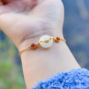 Buddha Stones Peace Buckle Hetian White Jade Copper Plated Gold Protection Bracelet - image 9