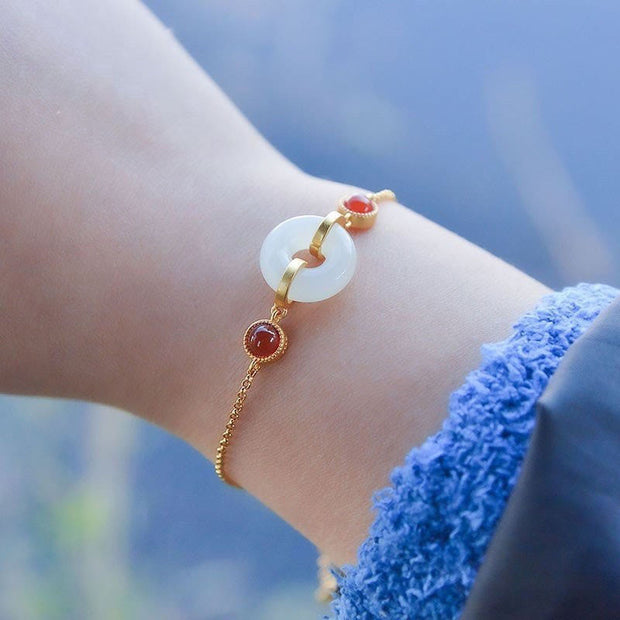 Buddha Stones Peace Buckle Hetian White Jade Copper Plated Gold Protection Bracelet - Hetian White Jade(Wrist Circumference: 19-23cm) - image 1
