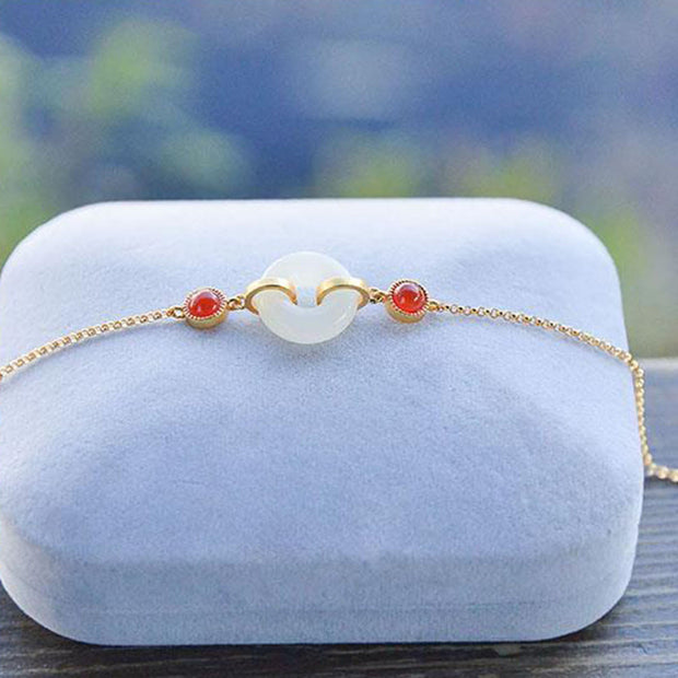 Buddha Stones Peace Buckle Hetian White Jade Copper Plated Gold Protection Bracelet - image 4