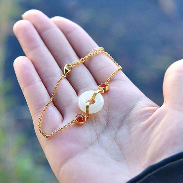 Buddha Stones Peace Buckle Hetian White Jade Copper Plated Gold Protection Bracelet - image 8