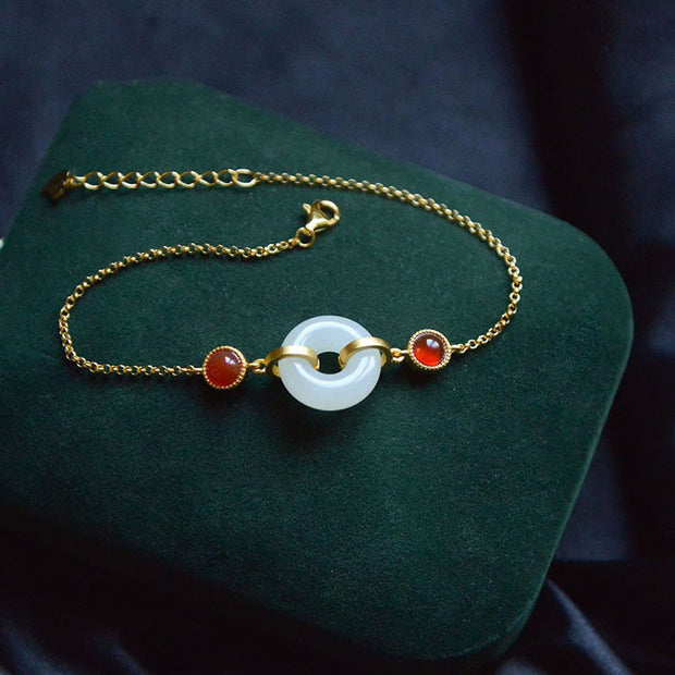 Buddha Stones Peace Buckle Hetian White Jade Copper Plated Gold Protection Bracelet - image 2