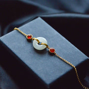 Buddha Stones Peace Buckle Hetian White Jade Copper Plated Gold Protection Bracelet - image 0
