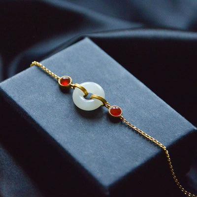Buddha Stones Peace Buckle Hetian White Jade Copper Plated Gold Protection Bracelet - image 0
