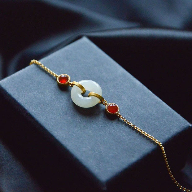 Buddha Stones Peace Buckle Hetian White Jade Copper Plated Gold Protection Bracelet - image 0