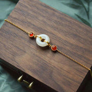 Buddha Stones Peace Buckle Hetian White Jade Copper Plated Gold Protection Bracelet - image 3