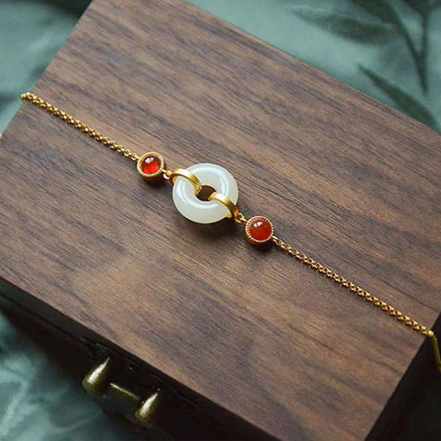 Buddha Stones Peace Buckle Hetian White Jade Copper Plated Gold Protection Bracelet - image 3