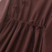 Buddha Stones Fall Brown Plaid Stand Collar Frog-Button Design Long Sleeve Midi Dress With Pockets - image 5