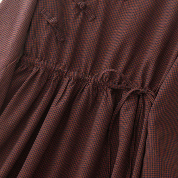 Buddha Stones Fall Brown Plaid Stand Collar Frog-Button Design Long Sleeve Midi Dress With Pockets - image 5