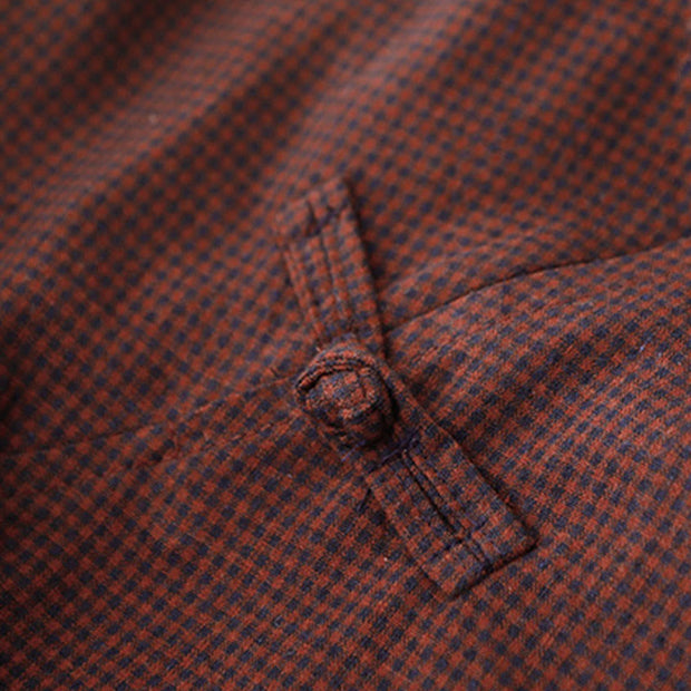 Buddha Stones Fall Brown Plaid Stand Collar Frog-Button Design Long Sleeve Midi Dress With Pockets - image 3