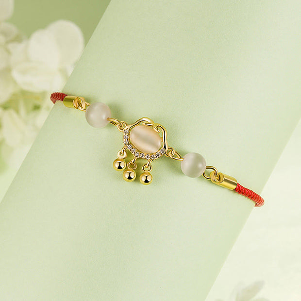 Buddha Stones Chinese Lock Charm Cat's Eye Red String Copper Plated Gold Protection Bracelet - image 1