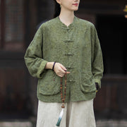 Buddha Stones Fall Jacquard Women's Frog-Button Long Sleeve Shirt Pants Cotton Linen Clothing - Green Shirt - US4-6，UK/AU8-10，EU36-38 (F) - image 0