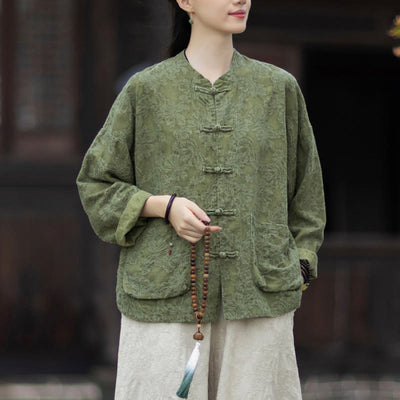Buddha Stones Fall Jacquard Women's Frog-Button Long Sleeve Shirt Pants Cotton Linen Clothing - Green Shirt - US4-6，UK/AU8-10，EU36-38 (F) - image 0